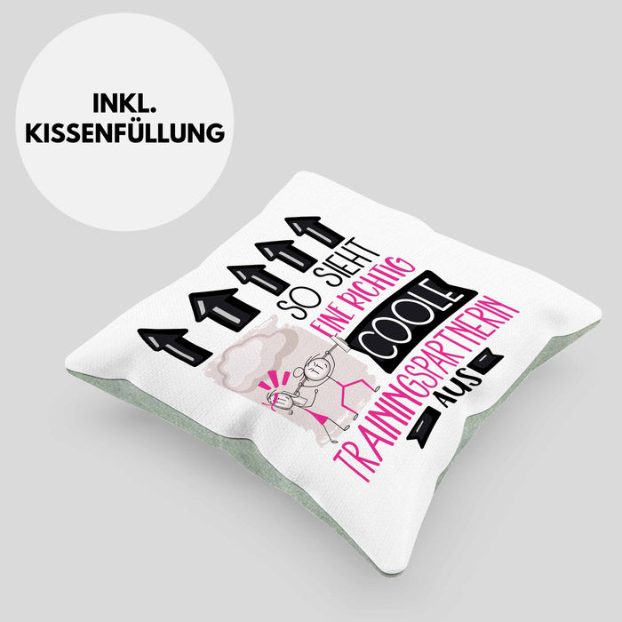 Trainingspartnerin Geschenk Kissen mit Füllung 40x40 Lustig Geschenkidee für Trainingspartnerin Geburtstag So Sieht Eine Richtig Coole Trainingspartnerin Aus Frauen Spruch (Grau) Grün Trendation