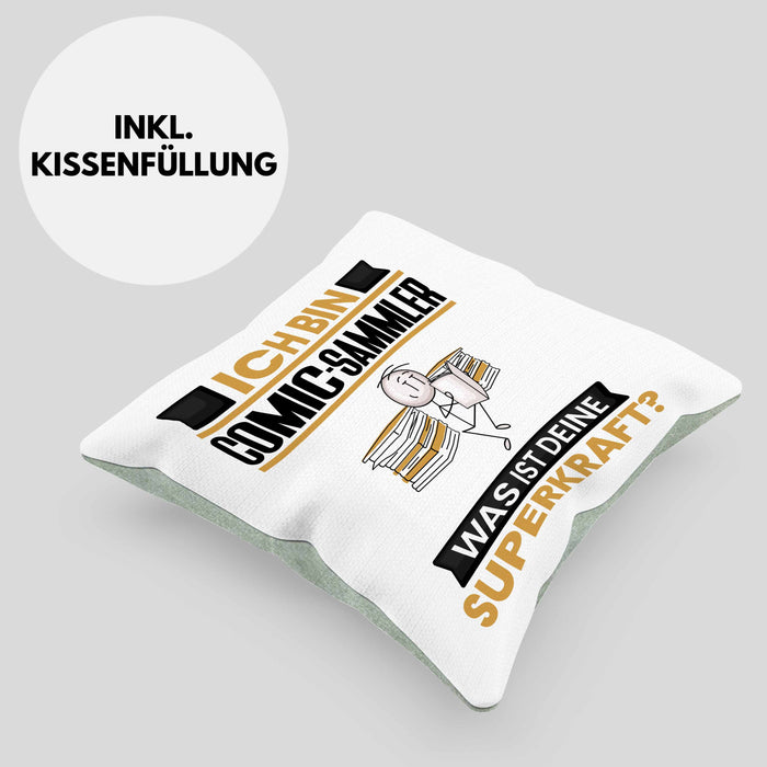 Comic-Sammler Kissen mit Füllung 40x40 Geschenk für Comic-Sammler Geburtstag Lustiger Spruch Was Ist Deine Superkraft (Grau) Grün Trendation