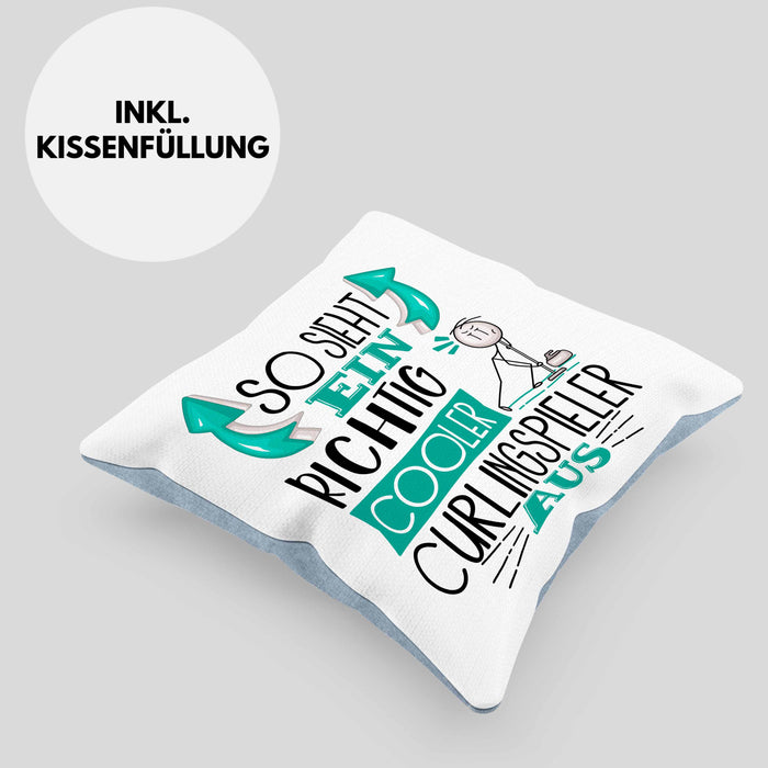 Curlingspieler Kissen mit Füllung 40x40 Geschenk So Sieht Ein RIchtig Cooler Curlingspieler Aus Geschenkidee Lustiger Spruch Geburtstag Curling Spieler (Grau) Blau Trendation