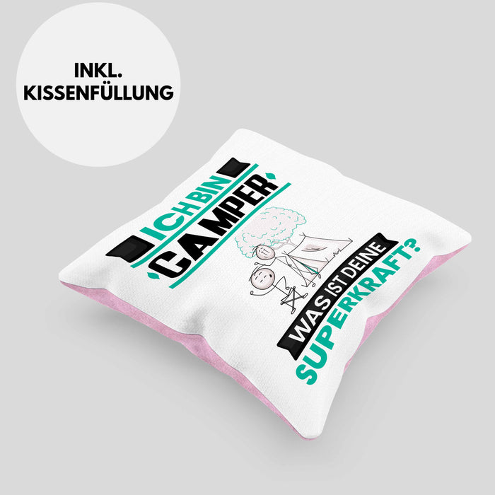 Camper Kissen mit Füllung 40x40 Geschenk für Camper Geburtstag Lustiger Spruch Was Ist Deine Superkraft (Grau) Rosa Trendation
