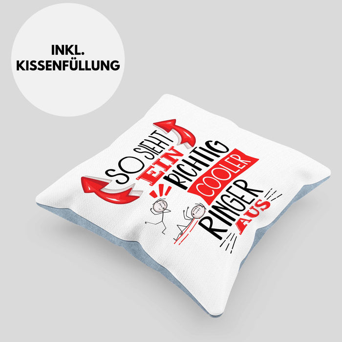 Ringer Kissen mit Füllung 40x40 Geschenk So Sieht Ein Richtig Cooler Ringer Aus Geschenkidee Spruch Lustig (Grau) Blau Trendation