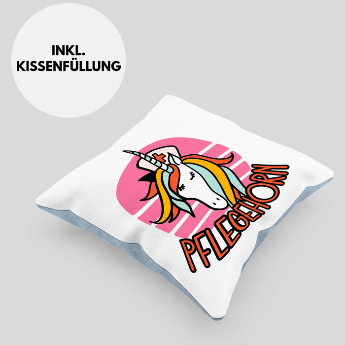 Lustige Pflege Geschenkidee für Pflegerinnen Kissen mit Füllung 40x40 Einhorn "Pflegehorn" Spruch (Grau) Blau Trendation