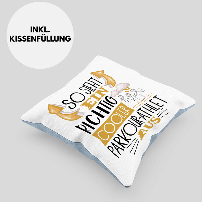 Parkour-Athlet Kissen mit Füllung 40x40 Geschenk So Sieht Ein Richtig Cooler Parkour-Athlet Aus Geschenkidee Spruch Lustig (Grau) Blau Trendation