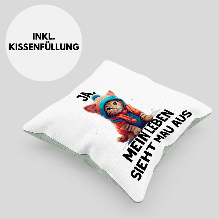 Dank Meme Kissen mit Füllung 40x40 Katzen Besitzer Wortspiel Ja Mein Leben Sieht Mau Aus Traurige Katze Geschenkidee Süße Katze (Grau) Grün Trendation