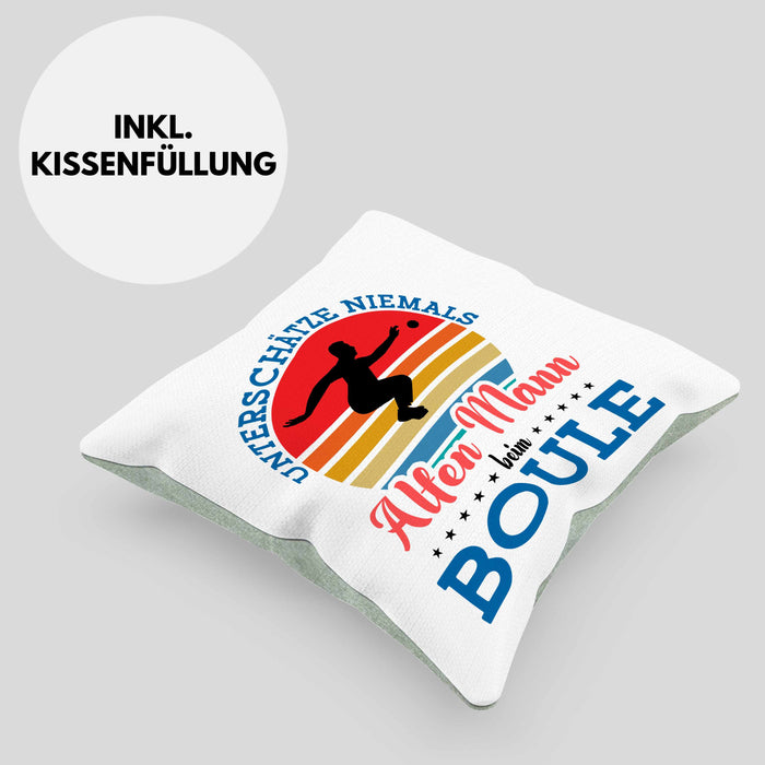 Boule Kissen mit Füllung 40x40 für Boule-Spieler als Geschenkidee Spruch Unterschätze Niemals Einen Alten Mann Beim Boule (Grau) Grün Trendation