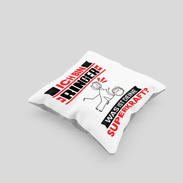 Ringer Kissen mit Füllung 40x40 Geschenk für Ringer Geburtstag Lustiger Spruch Was Ist Deine Superkraft (Grau) Grau Trendation