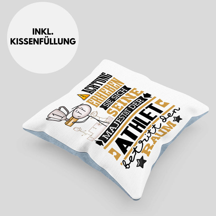 Athlet Geschenk Kissen mit Füllung 40x40 Lustiger Spruch Erheben Sie Sich Der Athlet Betritt den Raum (Grau) Blau Trendation