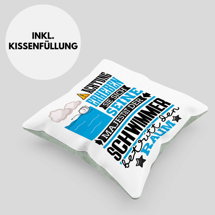 Schwimmer Geschenk Kissen mit Füllung 40x40 Lustiger Spruch Erheben Sie Sich Der Schwimmer Betritt den Raum (Grau) Grün Trendation
