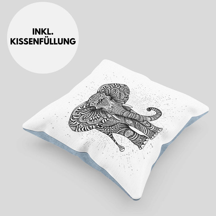 Elefant Kissen mit Füllung 40x40 Geschenk Für Elefanten-Liebhaber Geschenkidee Grafik Mandala (Grau) Blau Trendation