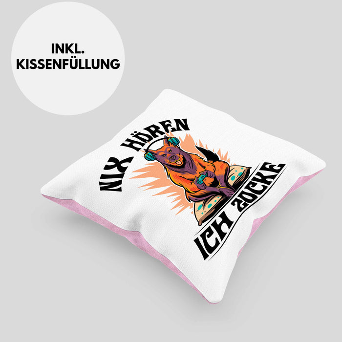 Zocker Geschenk Kissen mit Füllung 40x40 Nix Hören ich Zocke Jungs Jungen Geschenkidee zum Zocken (Grau) Rosa Trendation