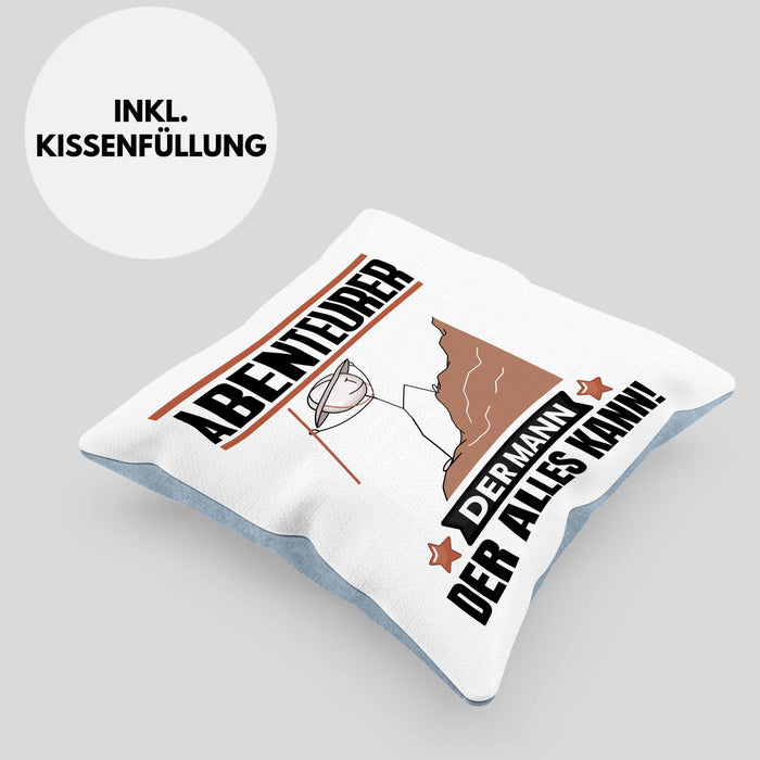 Abenteurer Kissen mit Füllung 40x40 Geschenk für Abenteurer Der Mann Der Alles Kann Geschenkidee zum Geburtstag (Grau) Blau Trendation