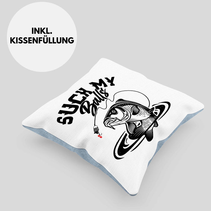 Fischer Karpfen Angler Geschenk Kissen mit Füllung 40x40 Fischer Fisch Suck My Balls Anglergeschenke (Grau) Blau Trendation