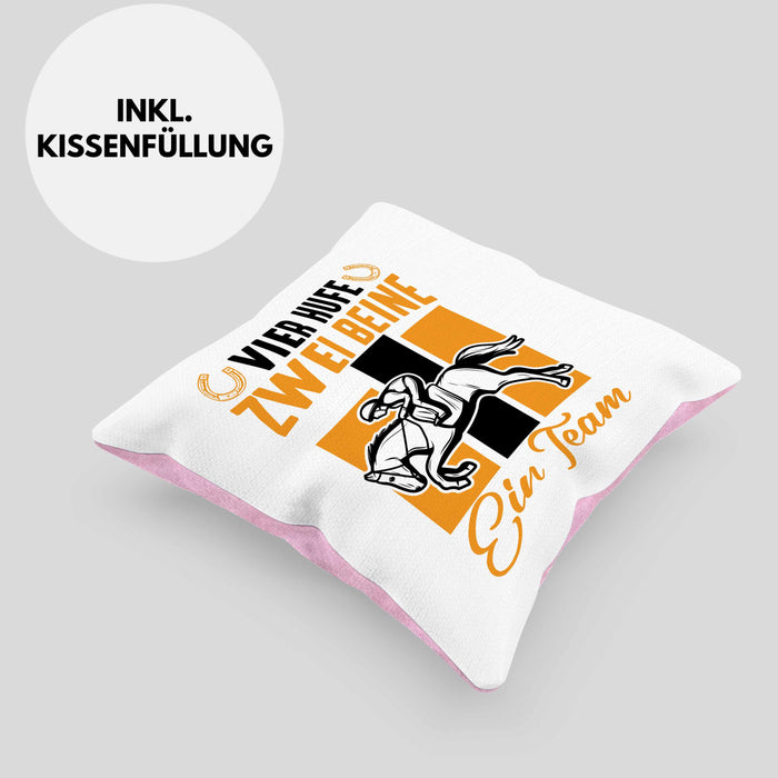 Reiterin Pferd Kissen mit Füllung 40x40 Geschenk Team Vier Hufe Zwei Beine Ein Team Pferde-Liebhaberin Geschenk (Grau) Rosa Trendation