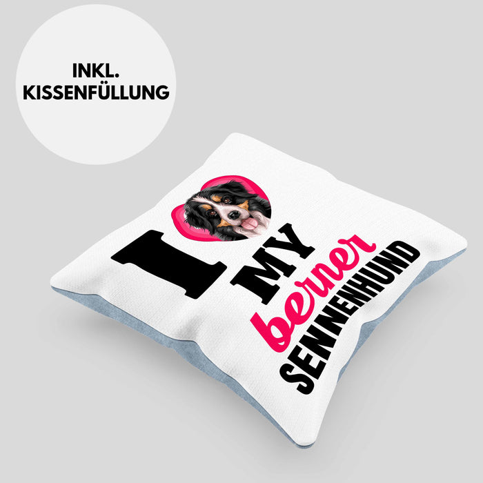 Berner Sennen Besitzerin Kissen mit Füllung 40x40 Geschenk Lustiger Spruch Geschenkidee I Love My Berner Sennen (Grau) Blau Trendation