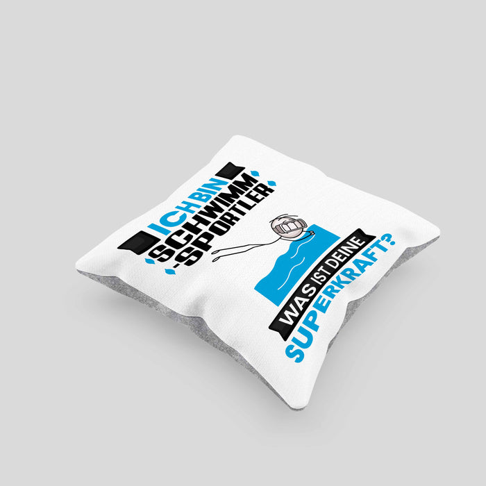 Schwimmsportler Kissen mit Füllung 40x40 Geschenk für Schwimmsportler Geburtstag Lustiger Spruch Was Ist Deine Superkraft (Grau) Grau Trendation