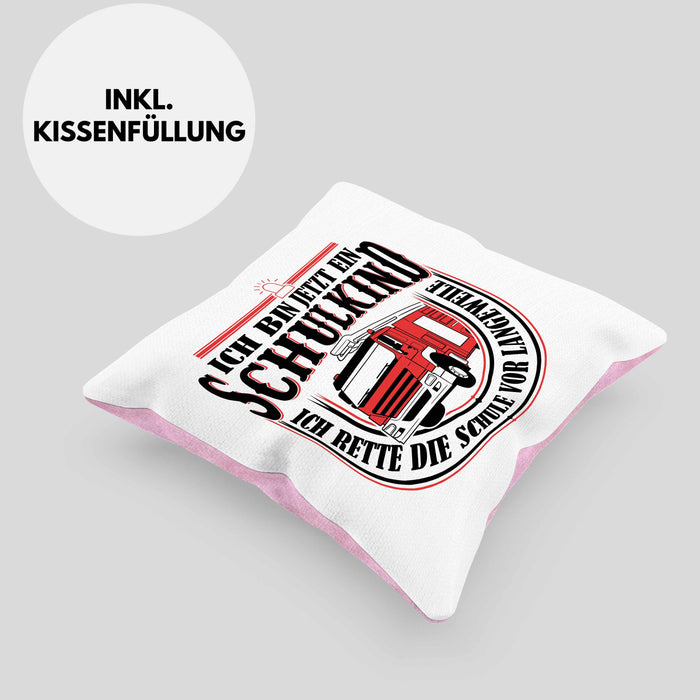 Einschulung Geschenk Jungs Kissen mit Füllung 40x40 Ich Bin Jetzt Ein Schulkind Ich Rette Die Schule Vor Langeweiele 1. Schultag Geschenkidee (Grau) Rosa Trendation