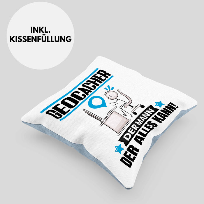 Geocacher Kissen mit Füllung 40x40 Geschenk für Geocacher Der Mann Der Alles Kann Geschenkidee zum Geburtstag (Grau) Blau Trendation