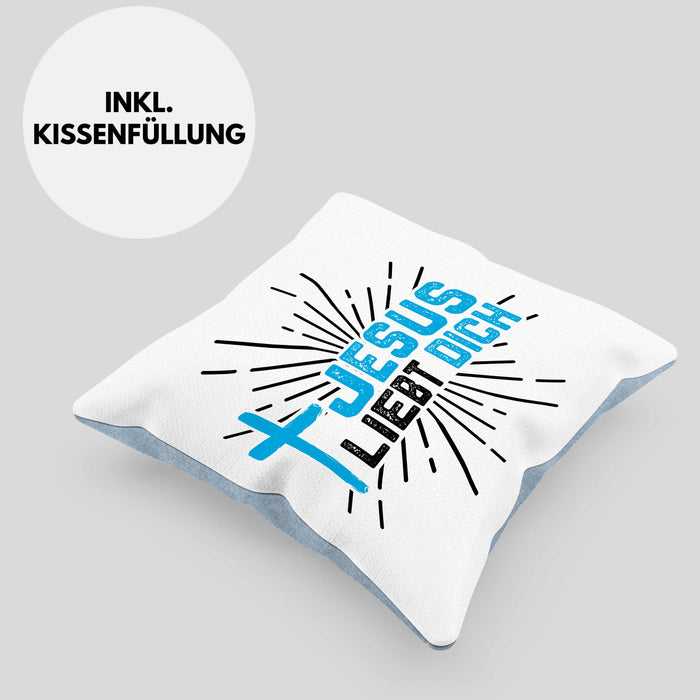 Jesus Liebt Dich Kissen mit Füllung 40x40 Geschenk Ostern Christentum Kirche Gläubiger Geschenkidee Häferl (Grau) Blau Trendation