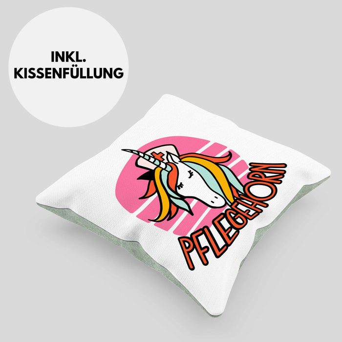 Lustige Pflege Geschenkidee für Pflegerinnen Kissen mit Füllung 40x40 Einhorn "Pflegehorn" Spruch (Grau) Grün Trendation