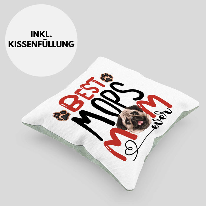 Mops Mom Besitzerin Kissen mit Füllung 40x40 Geschenk Lustiger Spruch Geschenkidee Besitzerin Mops Mama (Grau) Grün Trendation
