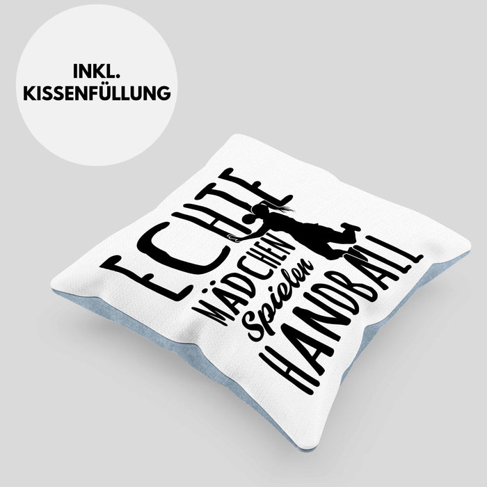 Mädchen Handball-Spielerin Kissen mit Füllung 40x40 Geschenk Spruch Echte Mädchen Spielen Handball Geschenkidee Frauen (Grau) Blau Trendation
