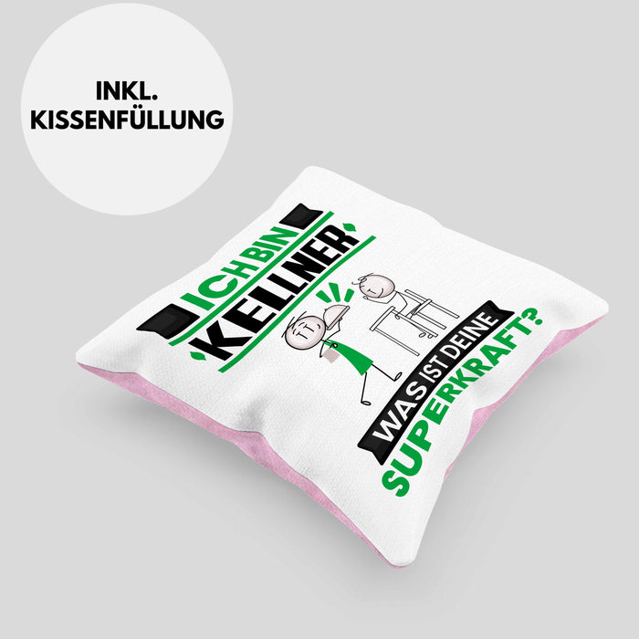 Kellner Kissen mit Füllung 40x40 Geschenk für Kellner Geburtstag Lustiger Spruch Was Ist Deine Superkraft (Grau) Rosa Trendation