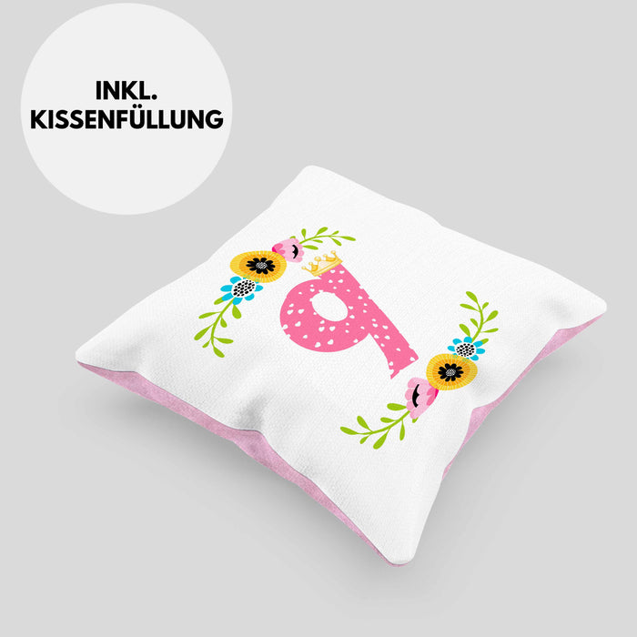 9. Geburtstag Mädchen Kissen mit Füllung 40x40 Geschenk zum Neunten Geburtsagsparty Grafik Krone 9 Jahre Alt (Grau) Rosa Trendation