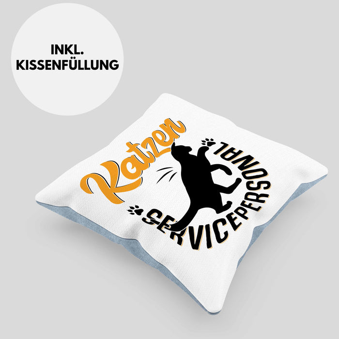 Katzen Geschenk Kissen mit Füllung 40x40 Katzen-Besitzerin Kaffee Katzen Servicepersonal Geschenkidee (Grau) Blau Trendation