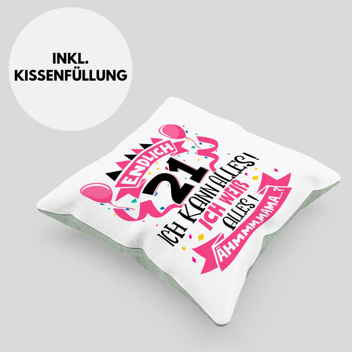 21. Geburtstag Geschenk Kissen mit Füllung 40x40 Frauen Mädchen Geschenkidee Endlich 21 Ich Kann Alles Ich Weiß Alles Ähm Mama (Grau) Grün Trendation
