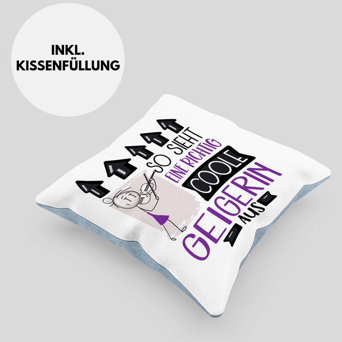 Geigerin Geschenk Kissen mit Füllung 40x40 Geschenkidee für Geigerin Geburtstag Weihnachten Spruch So Sieht Eine Richtig Coole Geigerin Aus (Grau) Blau Trendation