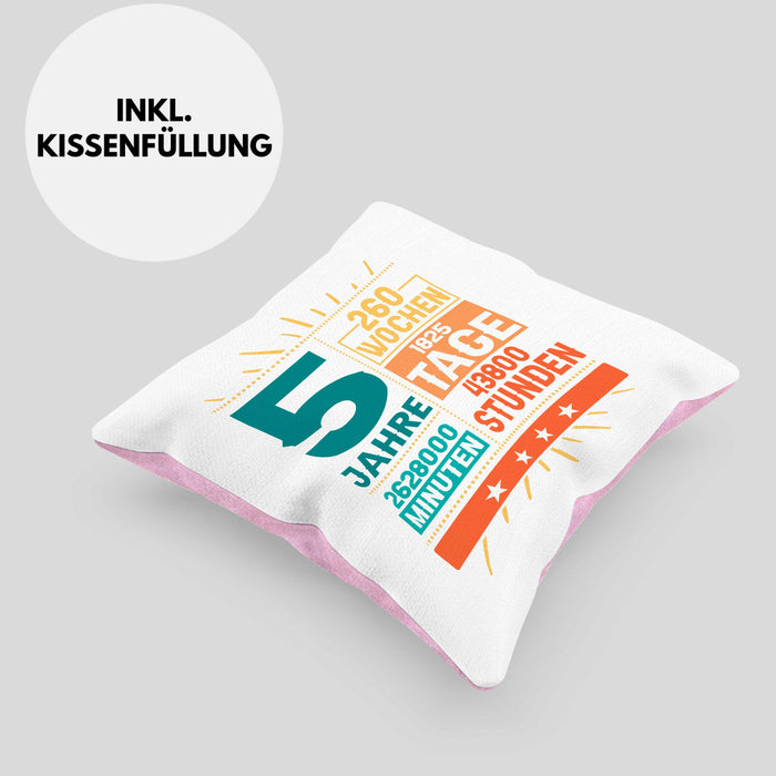 5. Geburtstag Kissen mit Füllung 40x40 Geschenk 5Er Geburtstag Geschenkidee Jungs Mädchen (Grau) Rosa Trendation