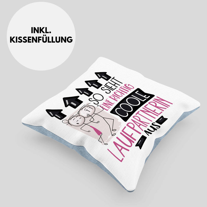 Laufpartnerin Geschenk Kissen mit Füllung 40x40 Lustig Geschenkidee für Laufpartnerin Geburtstag So Sieht Eine Richtig Coole Laufpartnerin Aus Frauen Spruch (Grau) Blau Trendation