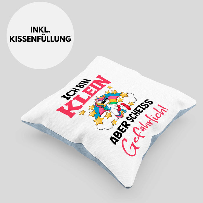 Klein Aber Sch Gefährlich Lustige Einhorn Kissen mit Füllung 40x40 mit Spruch Geschenkidee Einhornfans Sprüche Frauen (Grau) Blau Trendation