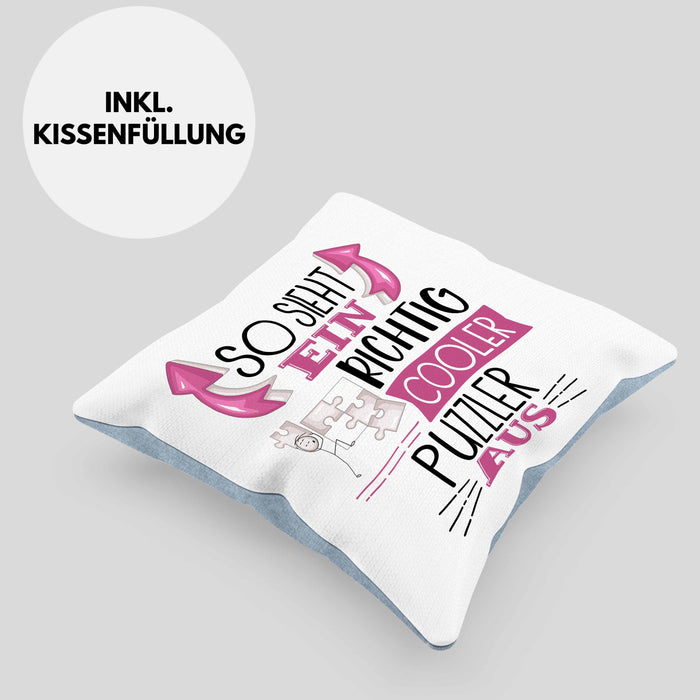 So Sieht Ein Richtig Cooler Puzzler Aus Geschenk Kissen mit Füllung 40x40 Lustiger Spruch Geschenkidee (Grau) Blau Trendation