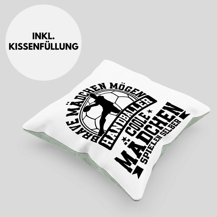 Mädchen Handball-Spielerin Kissen mit Füllung 40x40 Geschenk Spruch Echte Mädchen Spielen Handball Geschenkidee Frauen Brave Mädchen Mögen Handballer (Grau) Grün Trendation