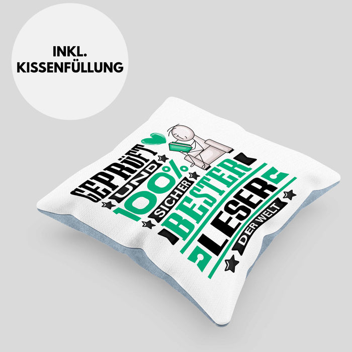 Leser Geschenk Lustiger Spruch für Leser Geschenkidee Bester Leser Der WeltKissen mit Füllung 40x40 (Grau) Blau Trendation