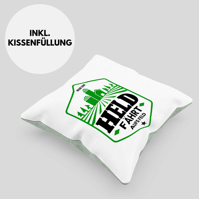Lustige Kissen mit Füllung 40x40 für Landwirte Bauern Geschenk Spruch Nur Ein Held Fährt Aufs Feld (Grau) Grün Trendation