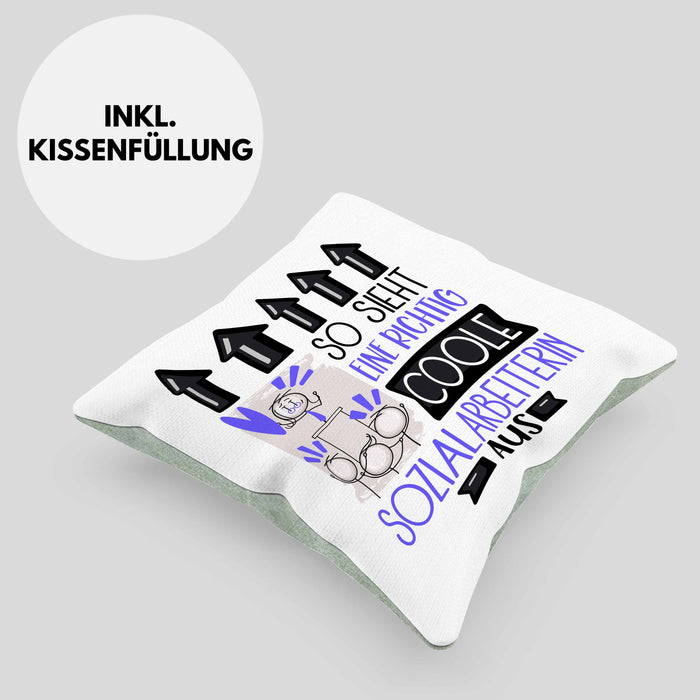 Sozialarbeiterin Geschenk Kissen mit Füllung 40x40 Geschenkidee für Sozialarbeiterin Geburtstag Weihnachten Spruch So Sieht Eine Richtig Coole Sozialarbeiterin Aus (Grau) Grün Trendation
