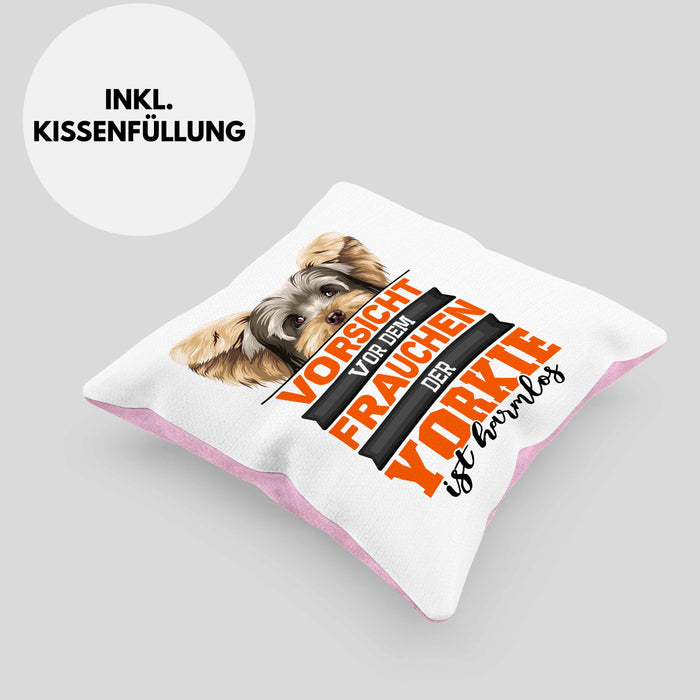 Yorkie-Besitzer Geschenk Kissen mit Füllung 40x40 Hund Yorkie Liebhaber Geschenkidee Vorsicht Vor Dem Frauchen Der Yorkie Ist Harmlos (Grau) Rosa Trendation