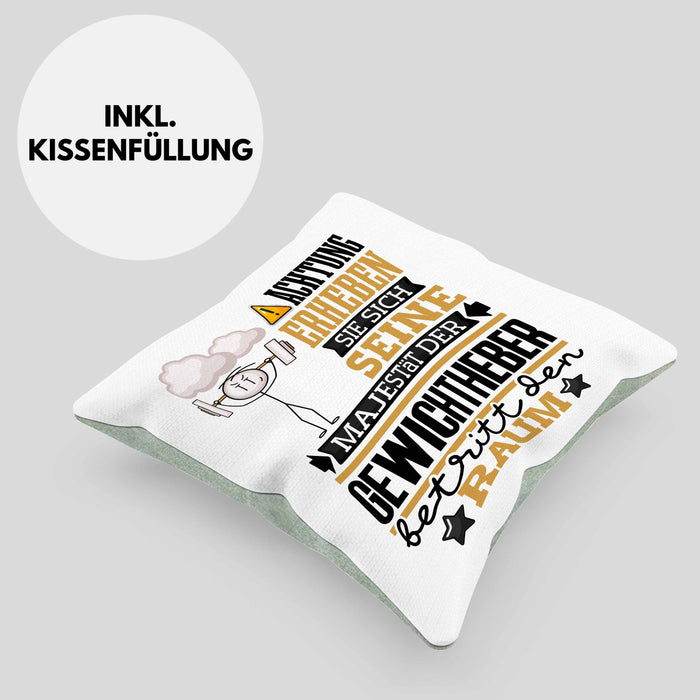 Gewichtheber Geschenk Kissen mit Füllung 40x40 Lustiger Spruch Erheben Sie Sich Der Gewichtheber Betritt den Raum (Grau) Grün Trendation