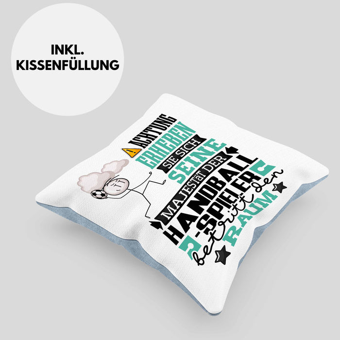 Handballspieler Geschenk Kissen mit Füllung 40x40 Lustiger Spruch Erheben Sie Sich Der Handballspieler Betritt den Raum (Grau) Blau Trendation