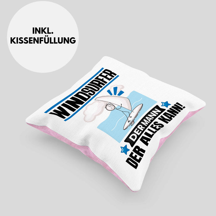 Windsurfer Kissen mit Füllung 40x40 Geschenk für Windsurfer Der Mann Der Alles Kann Geschenkidee zum Geburtstag (Grau) Rosa Trendation