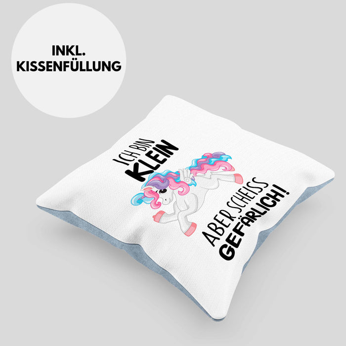 Lustige Ich Bin Klein Aber Gefährlich Kissen mit Füllung 40x40 Mit Spruch Einhorn Geschenk Mama Freundin Kollegin Geschenkidee Arbeit Frauen (Grau) Blau Trendation