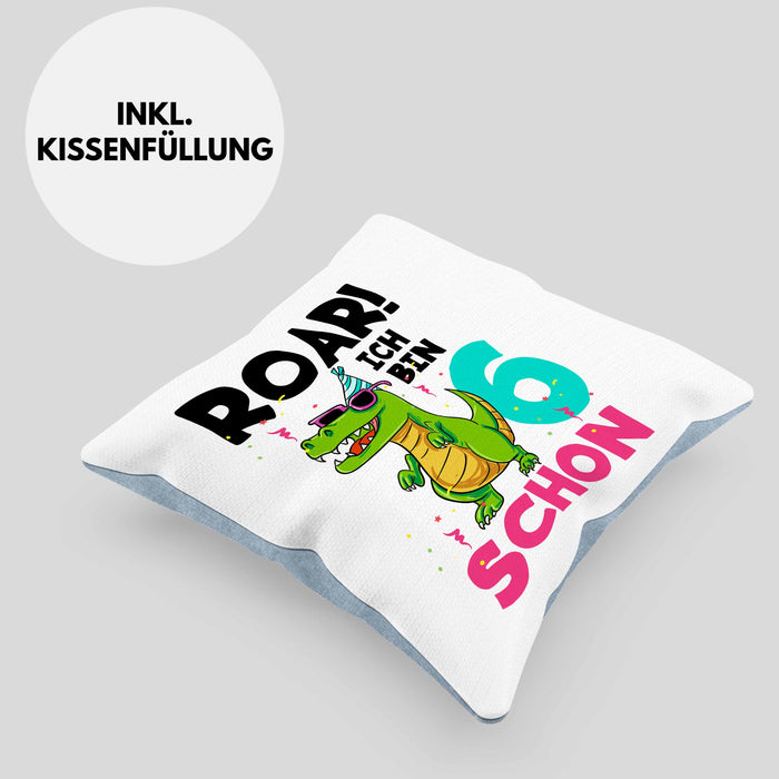 6. Geburtstag Kissen mit Füllung 40x40 Geschenk Lustiger Spruch Roar Ich Bin Schon 6 Dinosaurier Geschenkidee Geburtstag (Grau) Blau Trendation