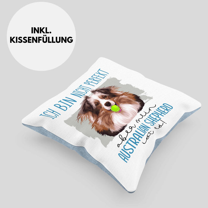 Australian Shepherd Besitzer Kissen mit Füllung 40x40 Geschenk Lustiger Spruch Geschenkidee Besitzerin Ich Bin Nicht toll Aber Mein Australian Shepherd Ist Es (Grau) Blau Trendation