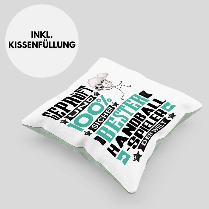 Handballspieler Geschenk Lustiger Spruch für Handballspieler Geschenkidee Bester Handballspieler Der WeltKissen mit Füllung 40x40 (Grau) Grün Trendation
