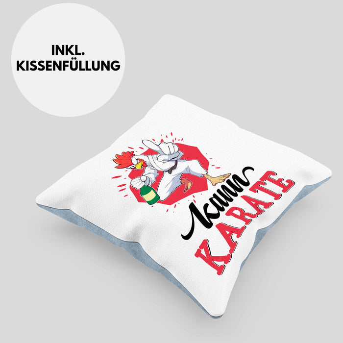 Huhn Kissen mit Füllung 40x40 Geschenk Huhn Kann Karate Geschenkidee Humor (Grau) Blau Trendation