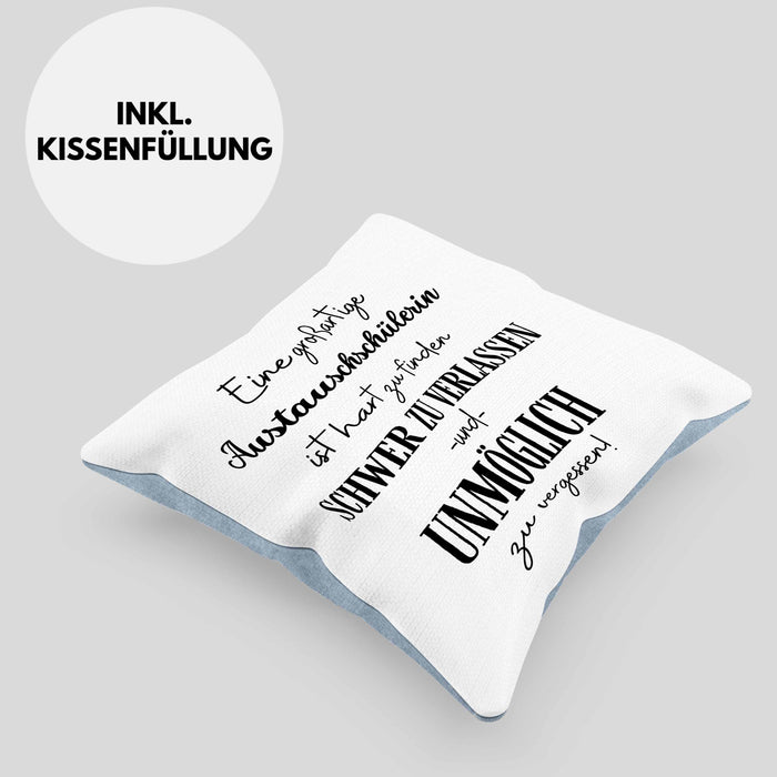 Austauschschülerin Abschied Geschenk Kissen mit Füllung 40x40 Abschiedsgeschenk für Austauschschülerin Hart Zu Finden Schwer Zu Verlassen (Grau) Blau Trendation