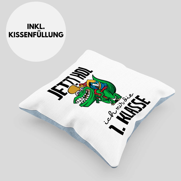 Kissen mit Füllung 40x40 Einschulung Dino T-rex Motiv Geschenk für Jungs in der 1. Klasse Schulstart (Grau) Blau Trendation