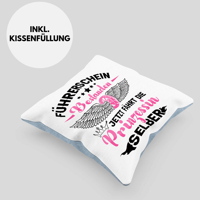 Führerschein Bestanden Kissen mit Füllung 40x40 Geschenk Frauen Mädchen Prinzessin Geschenk zum Bestandenden Führerschein (Grau) Blau Trendation